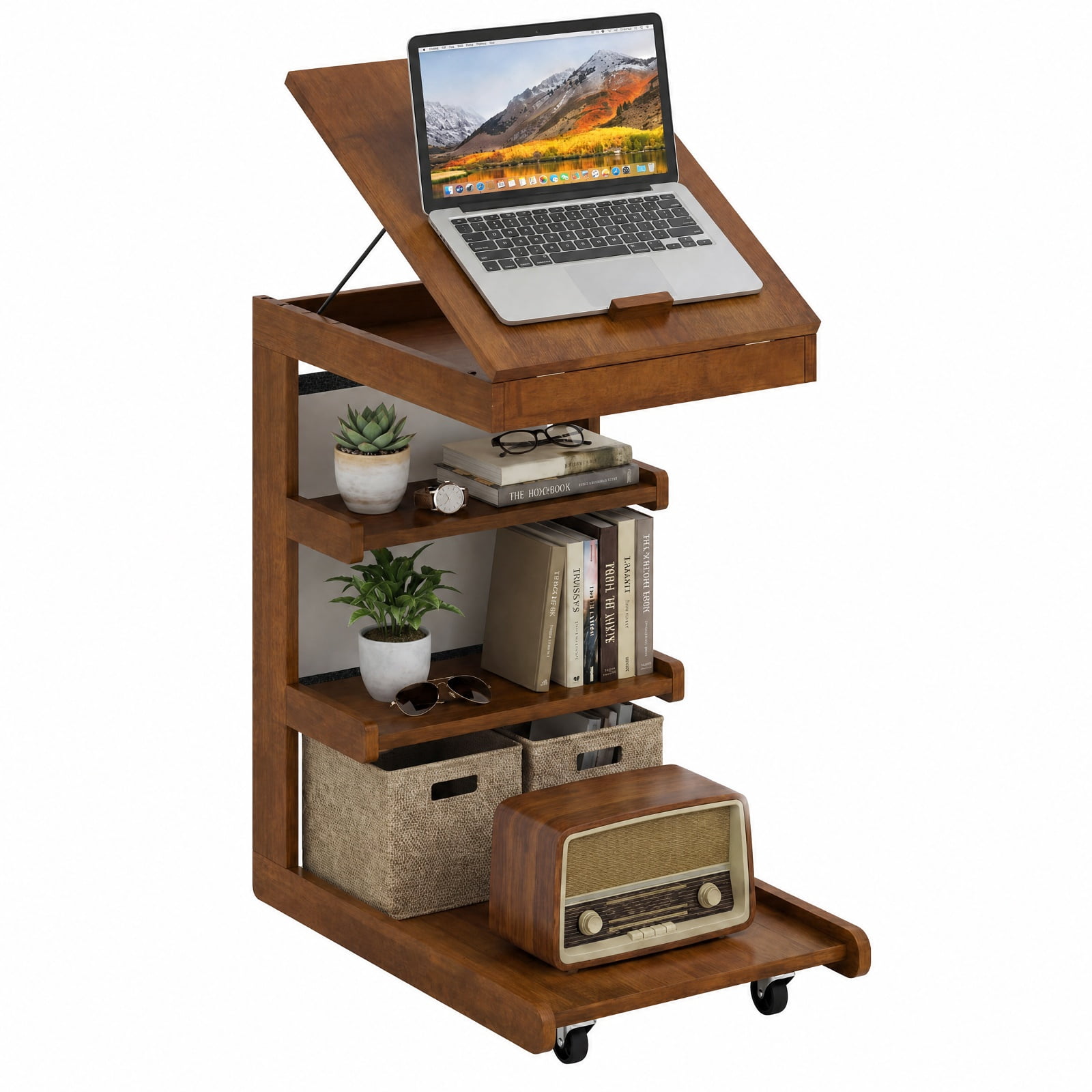 Furnibear Rolling C-Shaped End Table With Adjustable Desktop and Wheels, Mobile Sofa Side Desk With Storage Shelves for Couch Bedside, Brown