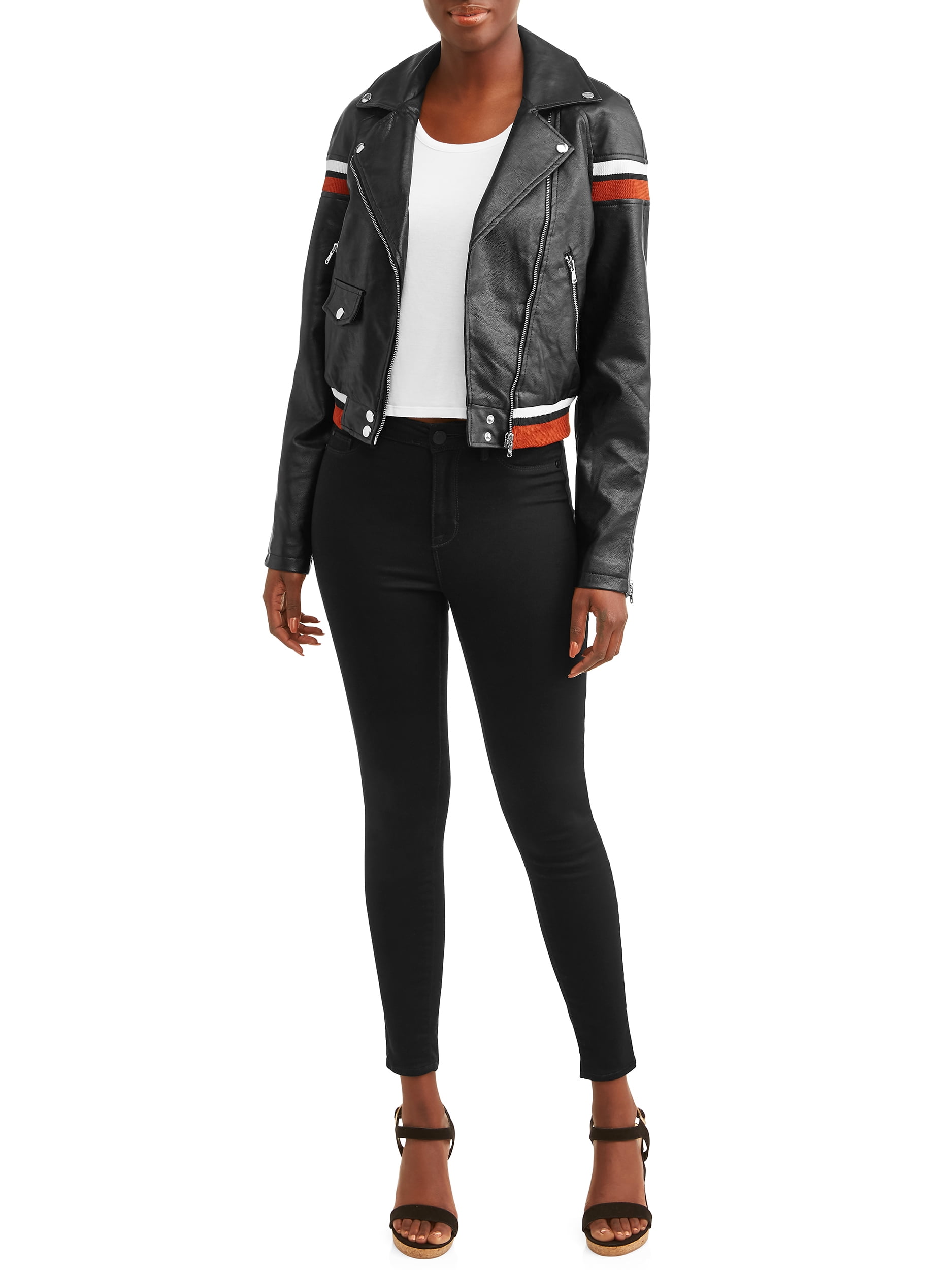 Celsius Women's Faux Leather Jacket with Varsity Stripes