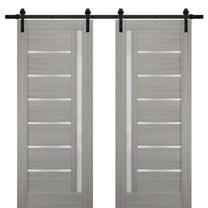 Sturdy Double Barn Door 84 x 96 inches with Frosted Glass | Quadro 4088 Grey Ash | Top Mount 14FT Rail Hangers Heavy Set | Solid Panel Interior Doors