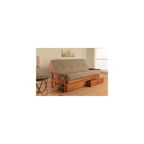 French Country Full Futon Frame Set with Mattress and Storage Drawers, Classic Foldable Hardwood Frame, Easily Converts To Bed