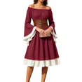 thumbnail image 2 of Women's Renaissance Peasant Dress Off Shoulder Ruffle Long Sleeve A-Line Midi Dress with Lace-up Corset Belt Medieval Vintage Halloween Costume Fair Festival Outfit, 2 of 8