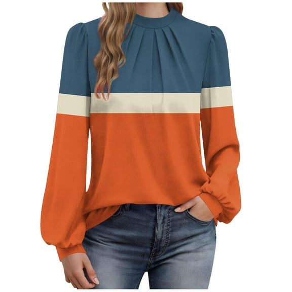 cocolona Womens Dressy Casual Blouses Long Sleeve Crew Neck Pleated T-shirts Fashion Color Block Tunic Tops