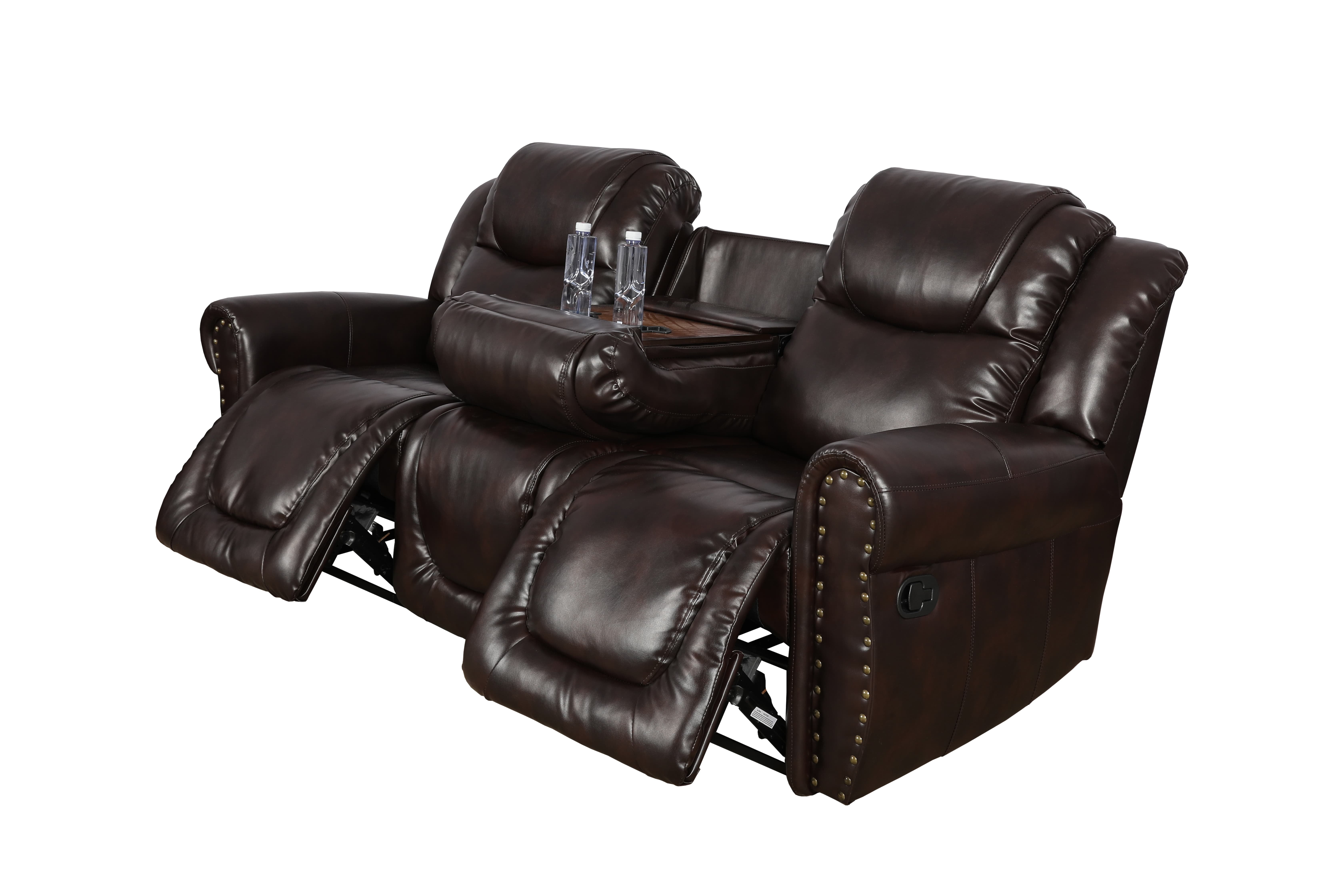 MAYEERTY Reclining Sofa, 3-Seat Breathable Leather Recliner with Reversible Coffee Table for Living Room, Espresso
