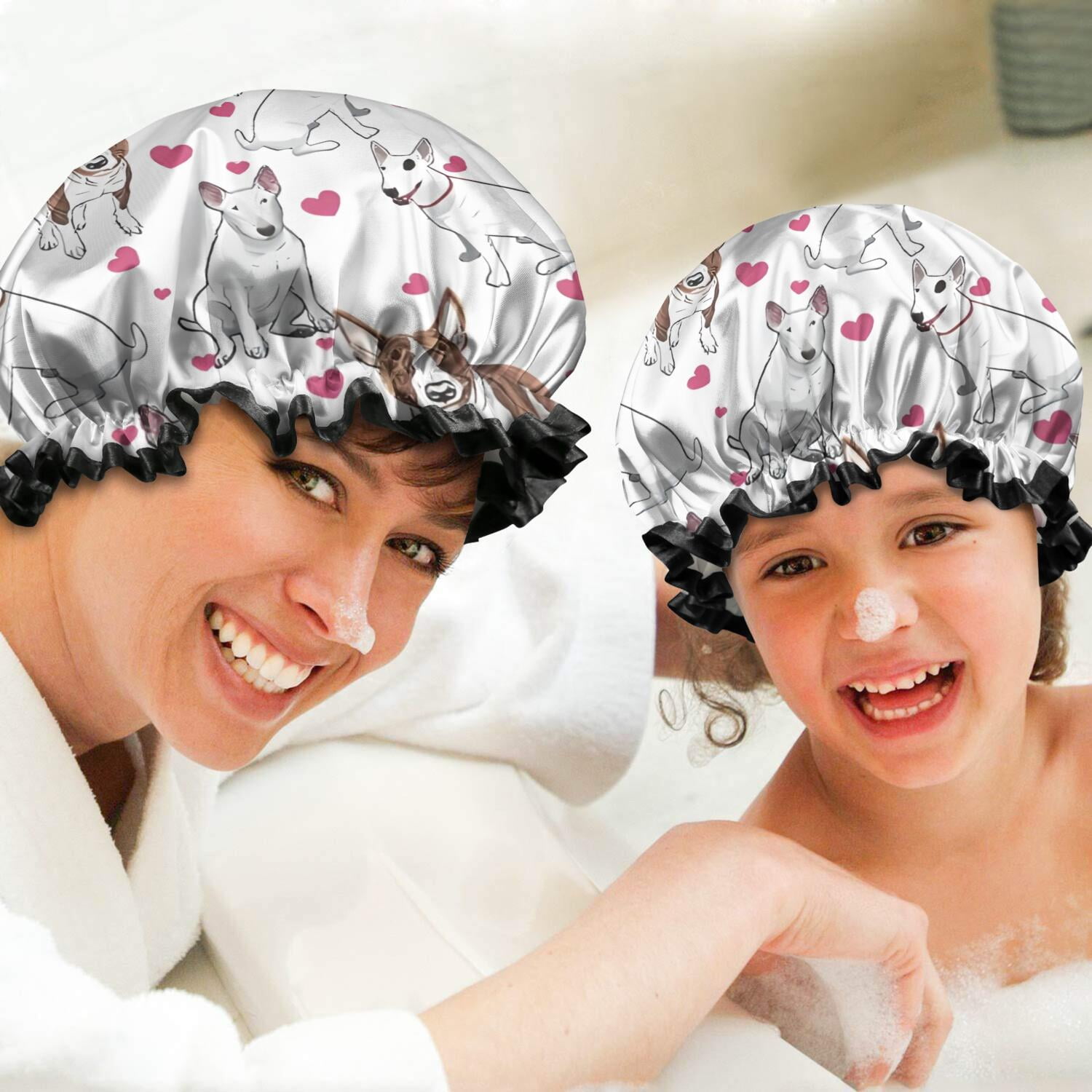 Shower Caps,Bull Terriers and Hearts Waterproof Shower Cap for Women 4 Pieces,Double Reusable Hair Cover for Shower PEVA Elastic Stretch Hem