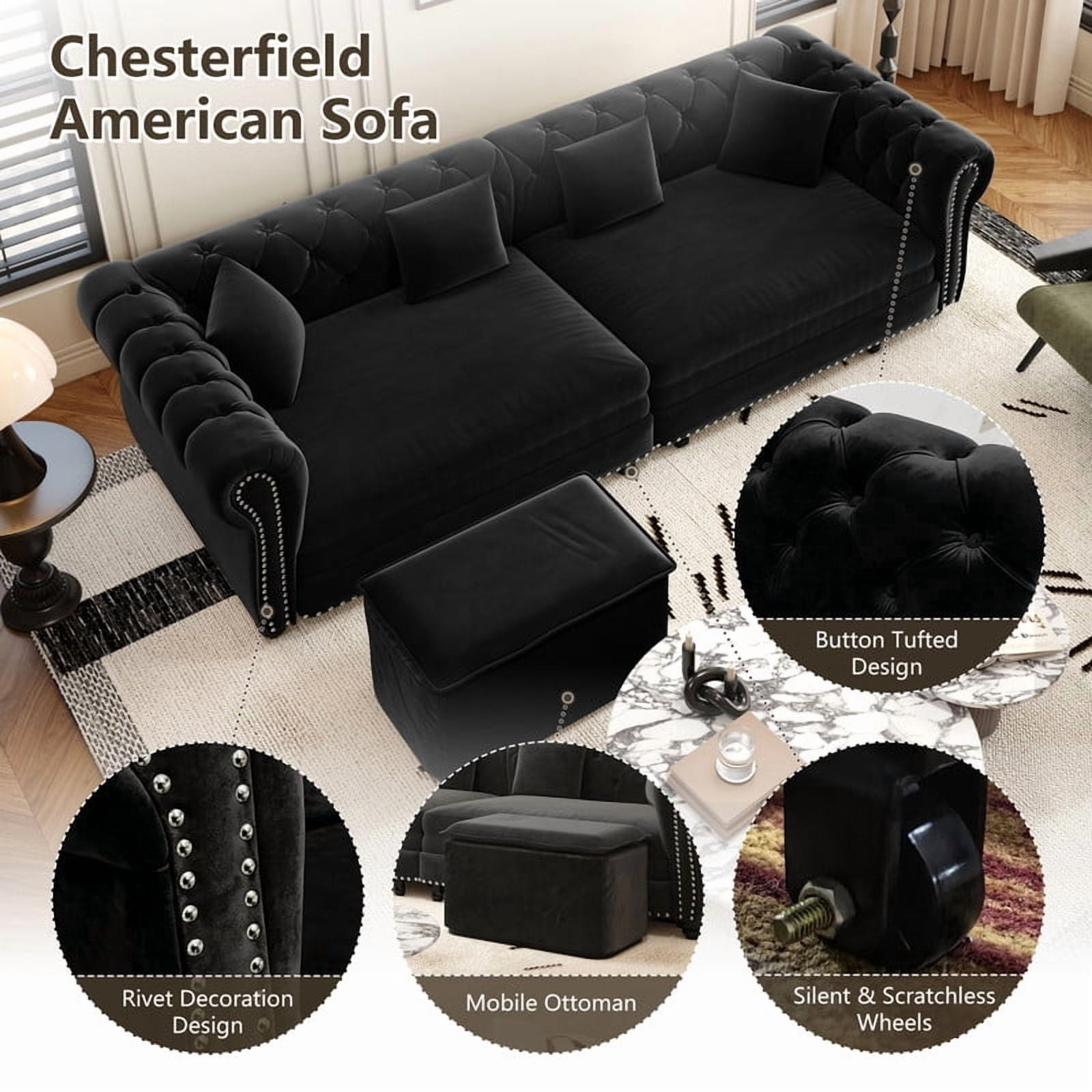 3-in-1 Pull-Out Sofa Bed, 89'' Chesterfield Sofa, Convertible Sleeper Sofa Bed, King Size Sofa Bed, Chaise Lounge, Tufted Design Velvet 3-Seater Sofa with Movable Ottoman