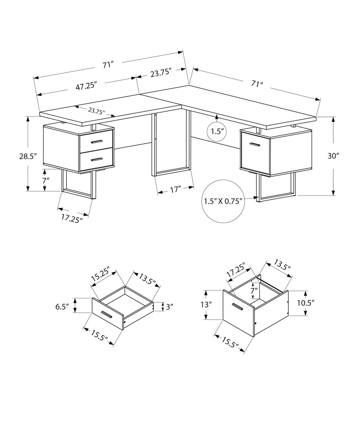 Monarch Specialties Bureau, Bureau À Domicile, Coin, Configuration Gauche, Droite, Tiroirs De Rangement, 70"l, Forme De L, Travail, Ordinateur Portable, Métal, Stratifié, Gris, Blanc, Contemporain, Mo