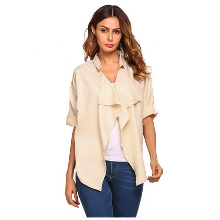Sleeve Open Front Cardigan - 3/4 Sleeve Women Cardigan Open Front Draped Solid Irregular Hem Cardigan Coat