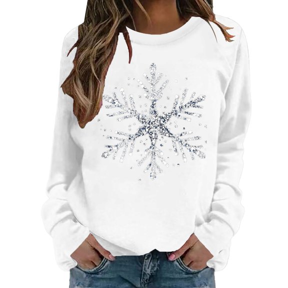 Wang6 Womens Plus Size Christmas Sweatshirts Trendy Xmas Long Sleeve Snowflake Printed No Hood Pullovers Causal Loose Fit Crew Neck Graphic Tops Shirts White XL