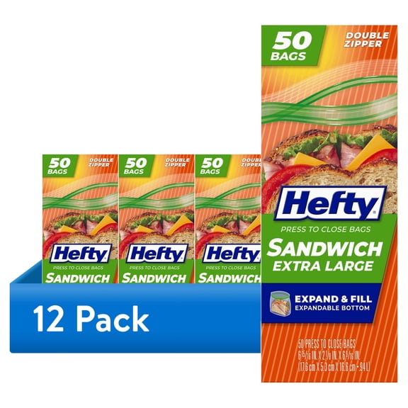(12 pack) Hefty Press to Close Extra Large Sandwich Bags, 50 Count