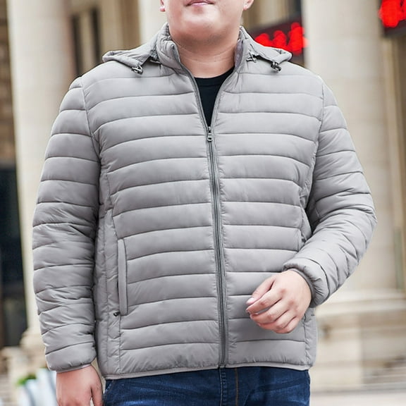 Tawop Mens Jackets Detachable Cotton Puffer Long Sleeve Zip with Hood Pockets Solid Plus Winter Jackets for Men,Light Gray,4XL