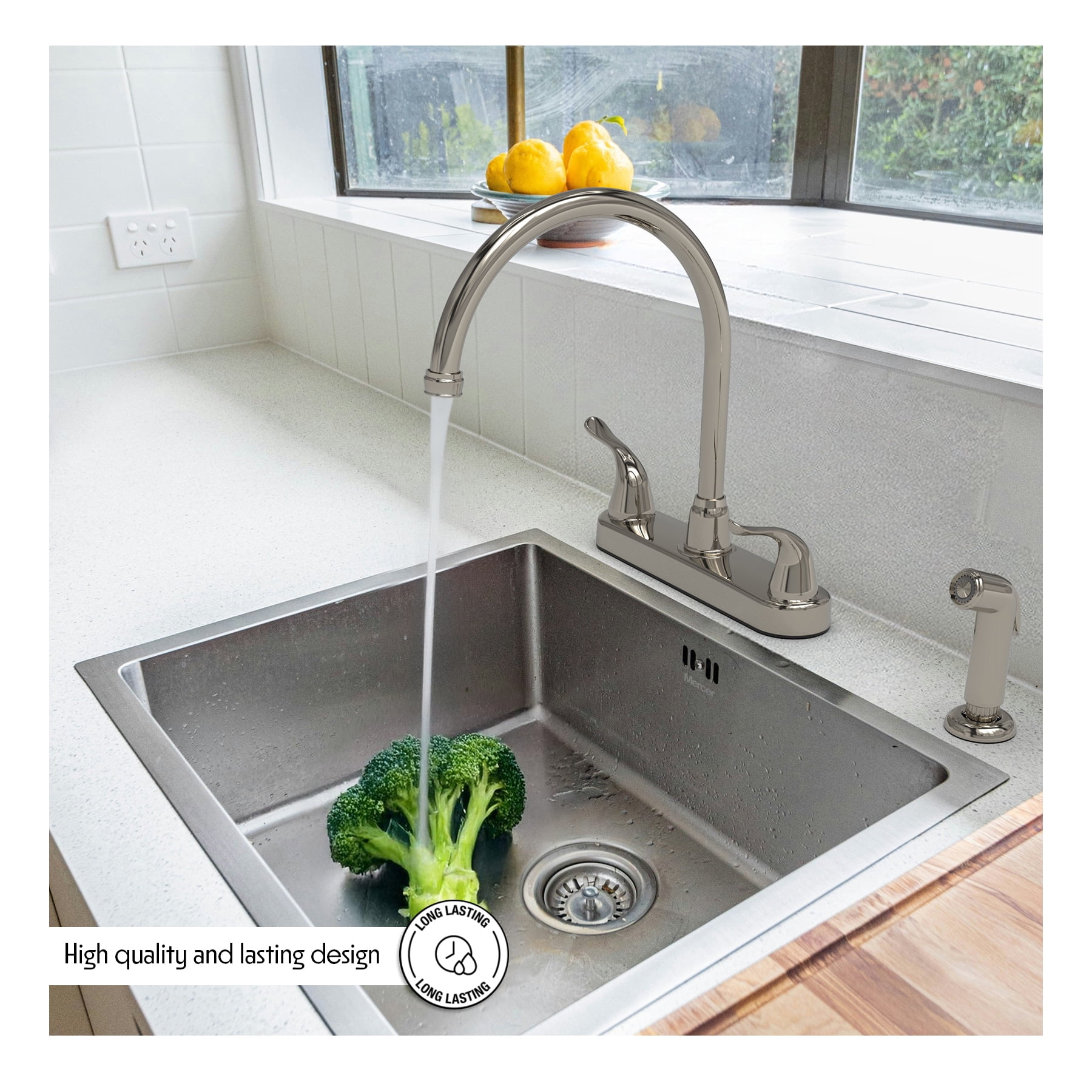 Brushed Nickel Non Metallic High Spout Double Handle Faucet With Spray