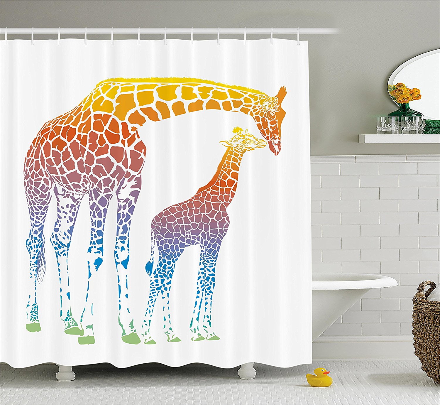 Giraffe Shower Curtain Set by , Mom and Kid Giraffe in Rainbow Colors
