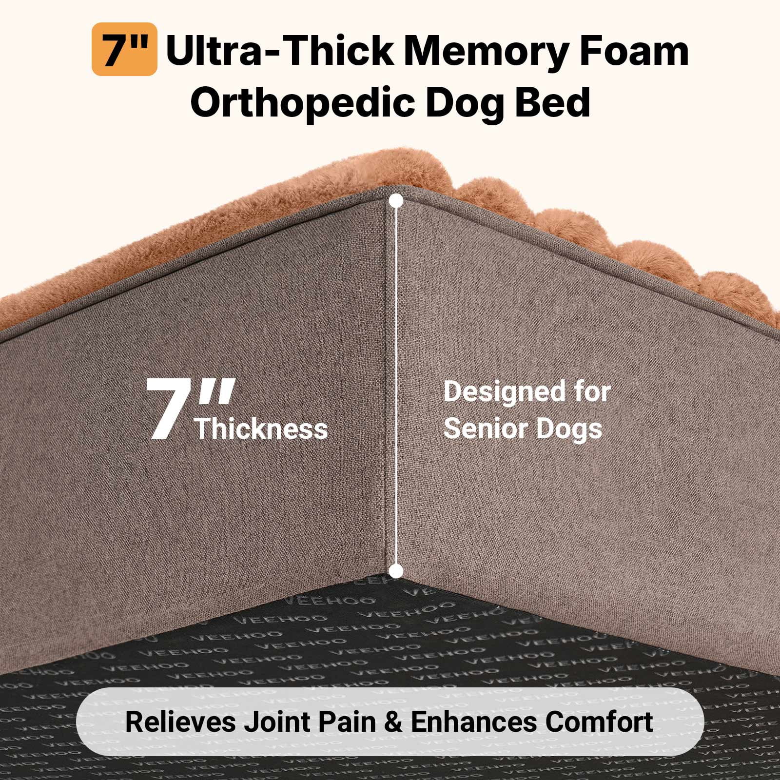 Veehoo Orthopedic Memory Foam Dog Bed, 7 Inch Thick Extra Large XXL Dog Bed for Senior Dogs with Ultra-Soft Fluffy Surface, Waterproof Liner, Removable Washable Cover and Non-Slip Bottom, 52"x36"x7"