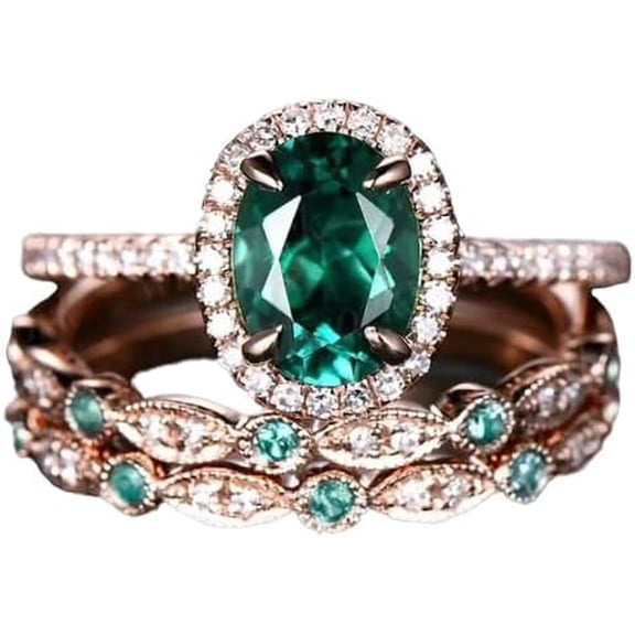 Divine_creation 2.00 Ct Oval Cut Green Emerald Womens Wedding Bridal Ring Set 14K Rose Gold Plated 925 Sterling Silver -5.5