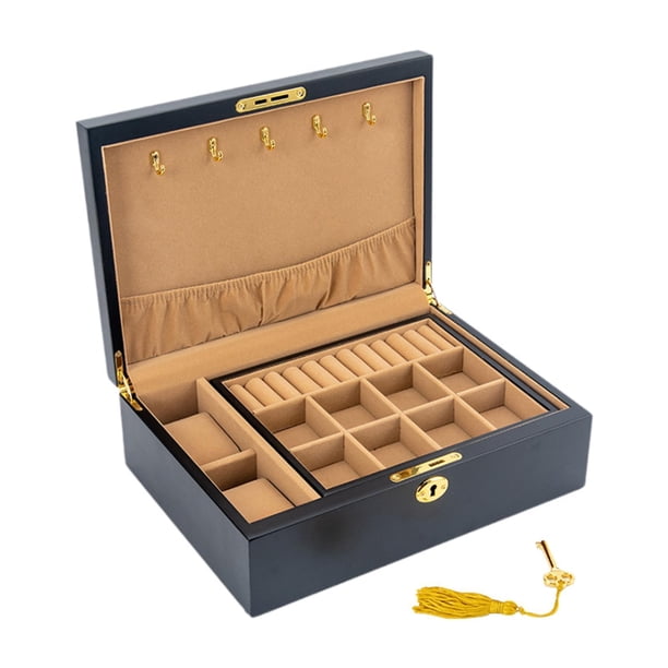 Joyero de madera, porta joyas con cerradura y llave, ganchos incorporados, madera maciza para Estilo E