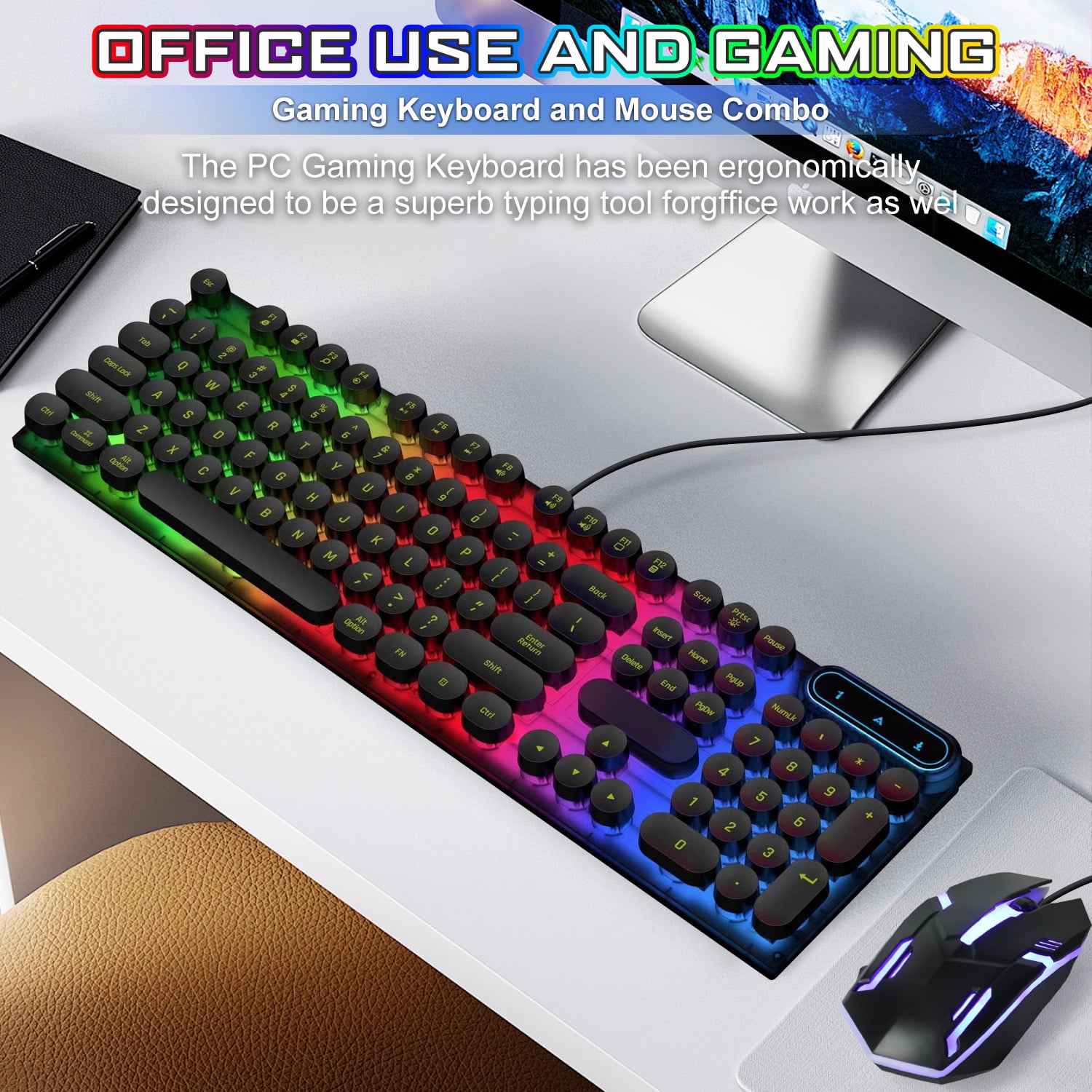 CMYBabee Mouse and Keyboard Combo, 104 Keys Wired gaming keyboard and mouse keyboard, Retro Punk Gaming RGB Keyboard, for Windows/Mac/PC (Black)