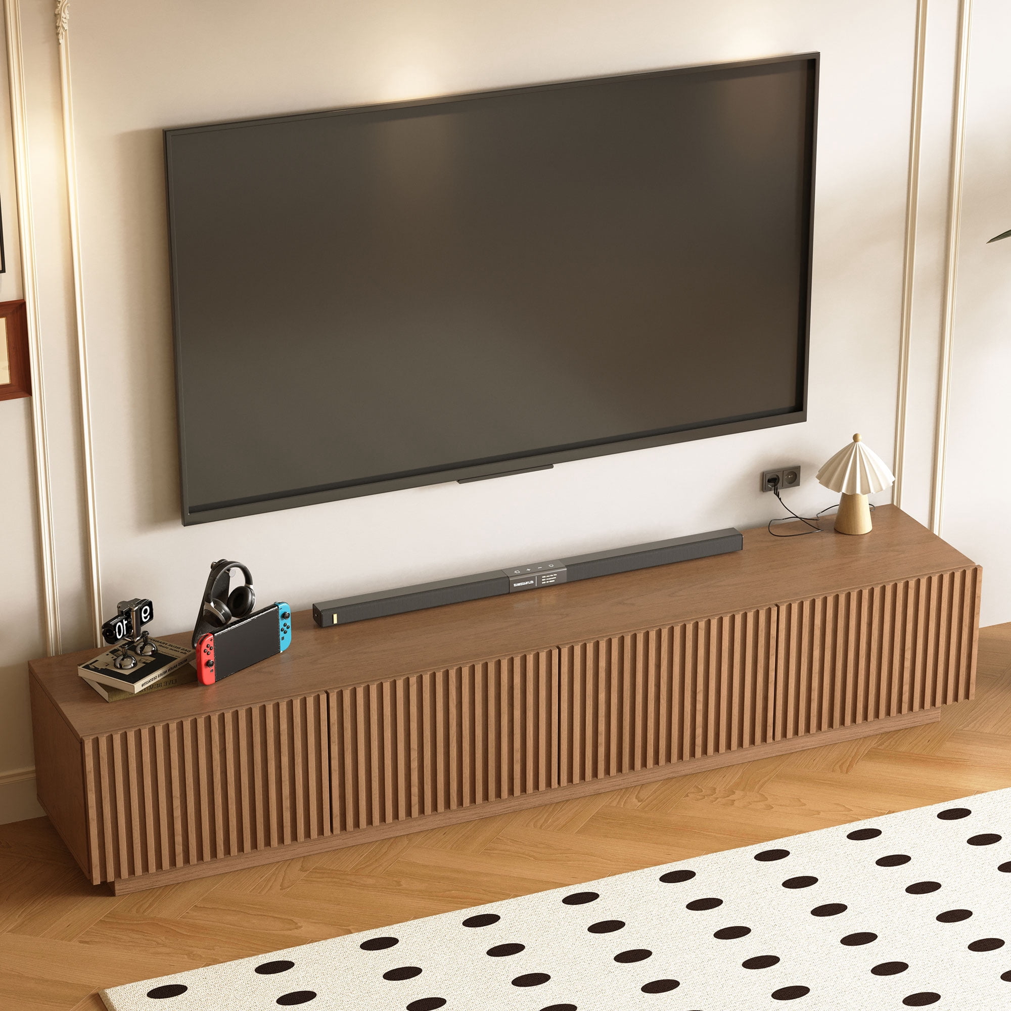 NessCarsti 86.61" Mid-Century Modern TV Stand for TVs up to 85", Sturdy Living Room Furniture Media Console with Large Storage Space, Entertainment Center for Living Room and Bedroom, Walnut