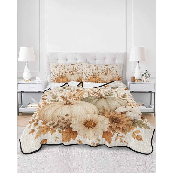 Quilts King Size, Pumpkins Fall Soft Comforter Bedding Set for Bed, Vintage Floral Thanksgiving Rustic Lightweight Quilted Bedspread with Pillow Cover(2 Pieces) for All Season, 96x106 Inch