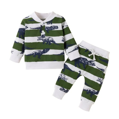 

Fesfesfes Toddler Kids Boys Cotton Pit-Strip Cartoon Cool Dinosaur Print Autumn Solid Color Tow-piece Set