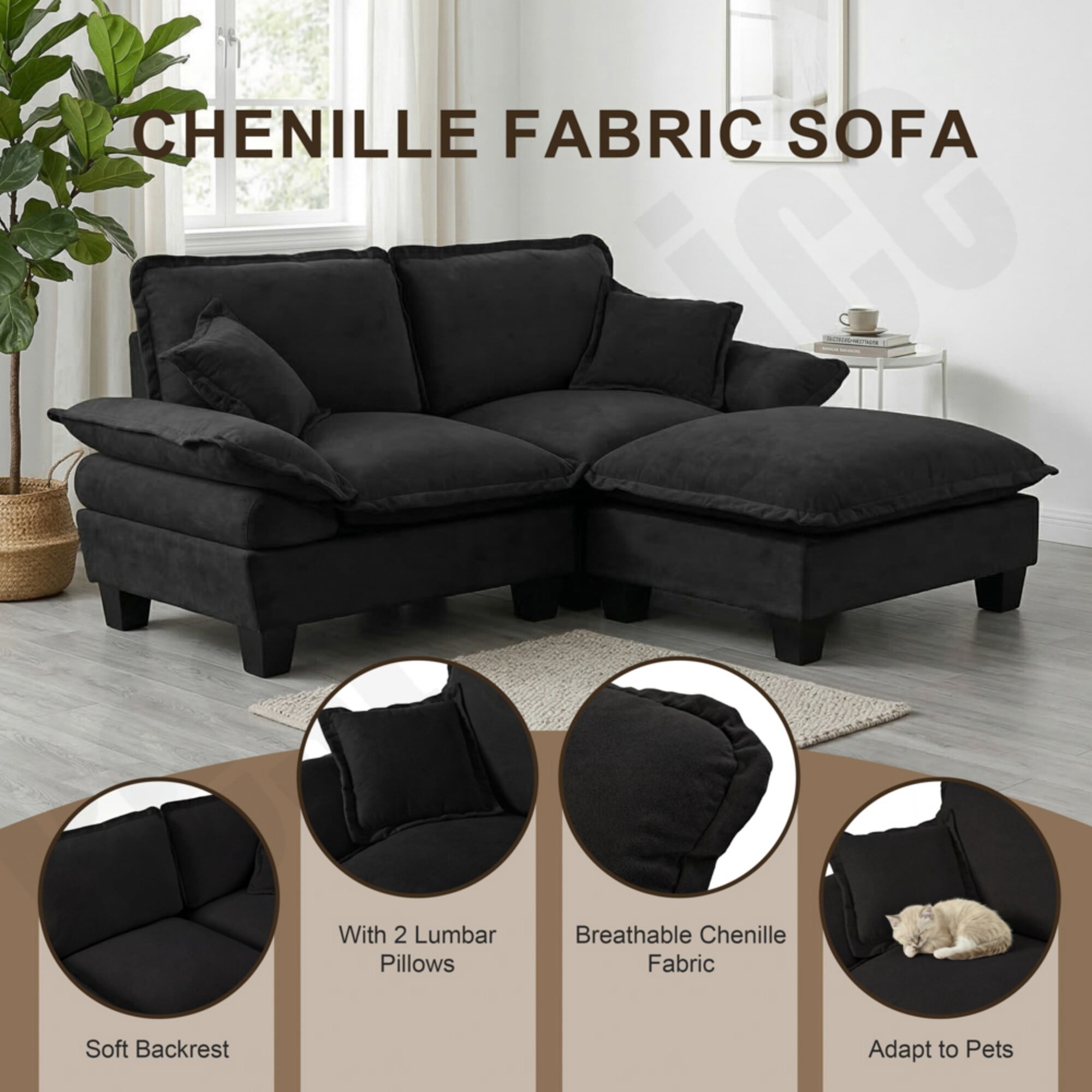 AENKYO 76" Modern Chenille Sailboat Loveseat, 2-Seater Cloud Sofa with Removable Pillow Arms, Black