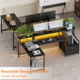 thumbnail image 2 of Satifur 57" L-Shaped Gaming Desk with LED Lights & Power Outlets, Computer Desk with Drawers & Printer Stand, Black, 2 of 9