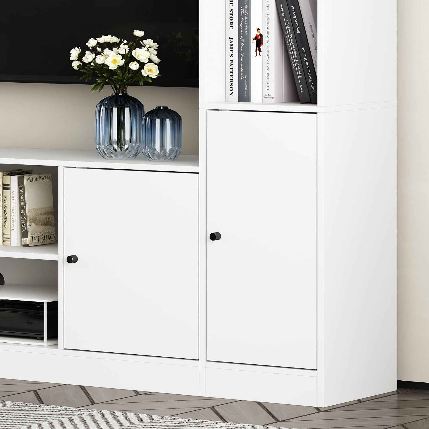 KULAGAGA Entertainment Center with Bookshelves Modern Media Center with Open Shelves & Bridge TV Wall Unit with Doors, for Living Room,White
