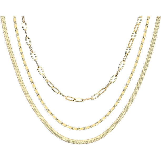 14K Gold Plated Dainty Layering Necklaces for Women | Snake Chain, Curb Link, Paperclip Layered Chains | Trendy Layering Necklace