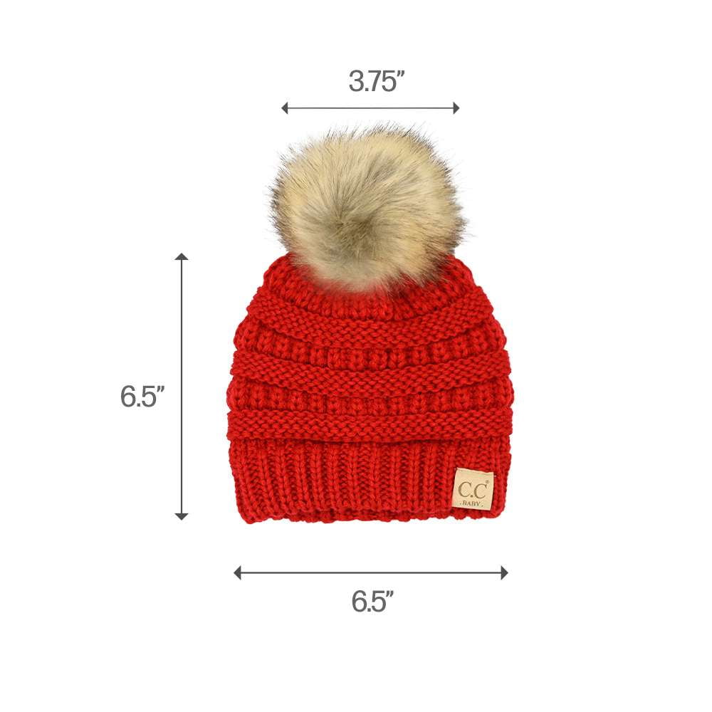 C.C Babies\' Winter and Knit Fuzzy Red Lined Cable Mitten Beanie Pom Set, Fur Faux