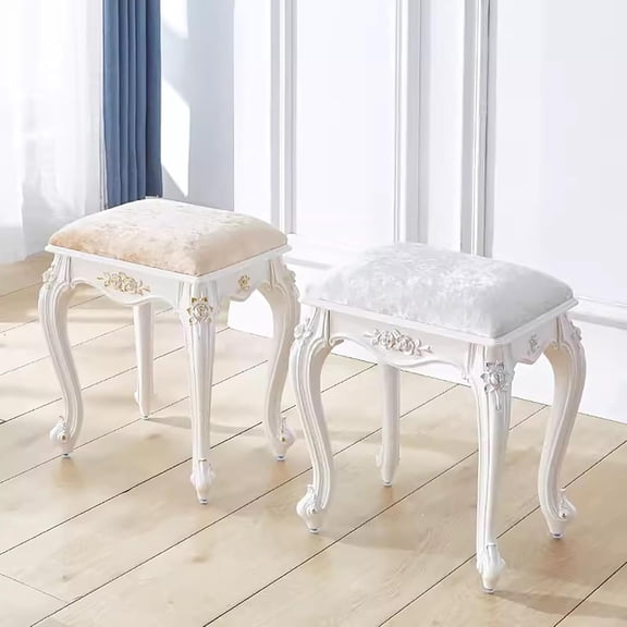 Vintage Golden Velvet Rectangular Vanity Stool with Storage, Comfortable Ottoman  for Bedroom Living Room