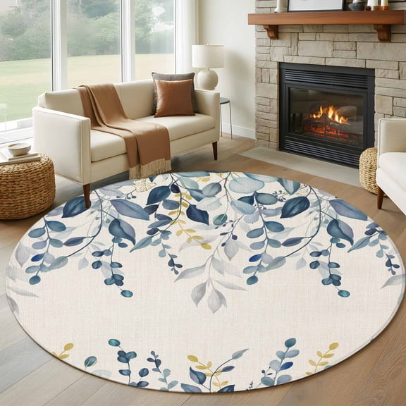 Round Rugs 6Ft, Navy Blue Eucalyptus Round Area Rug Washable Indoor Throw Carpet, Farmhouse Weeping Leaves Linen Soft Non Slip Circle Rug for Office Cabinet Home Decor Aesthetic