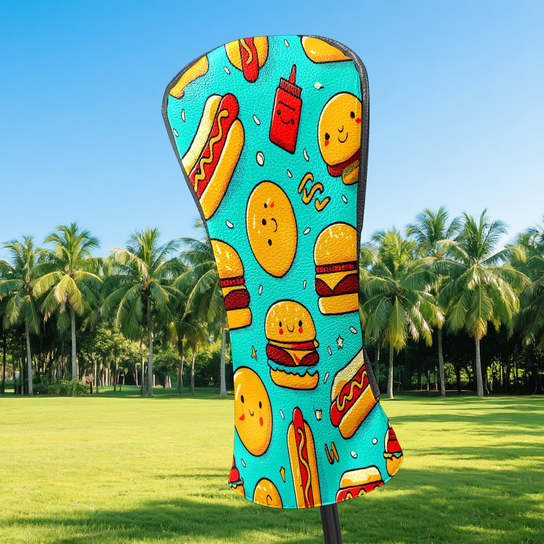 Golf Club Head Covers - Colorful Food Blue Design, Premium PU Leather Driver Hybrid Headcovers with Velvet Lining, Waterproof Golf Gifts for Men Women
