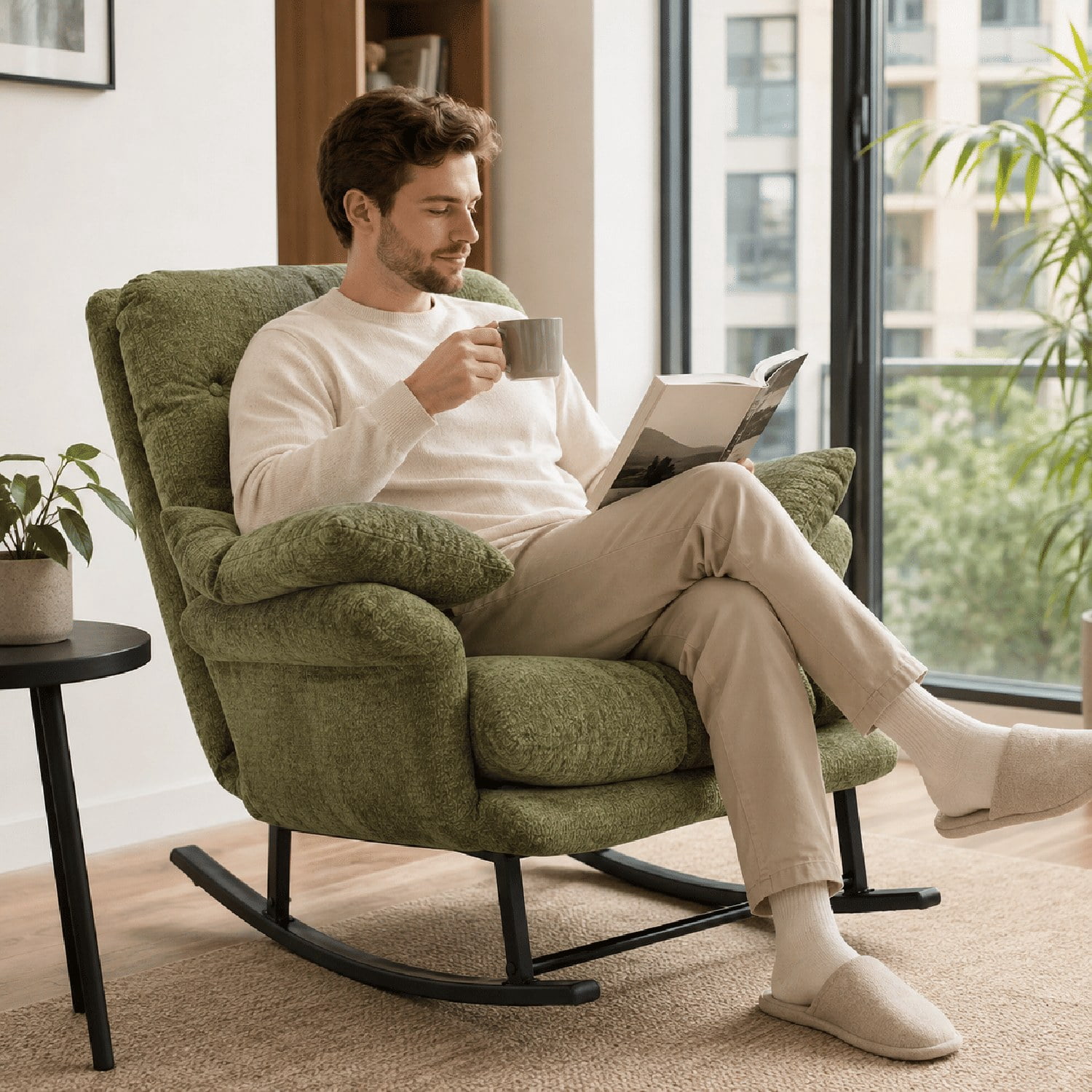 Papasan Rocking Chair with Thickened Cushion, Solid Wood Curved Rocking Base, Soft Corduroy Upholstery, Padded Armrests, Reading Lounge for Living Room, Bedroom, Nursery, Porch