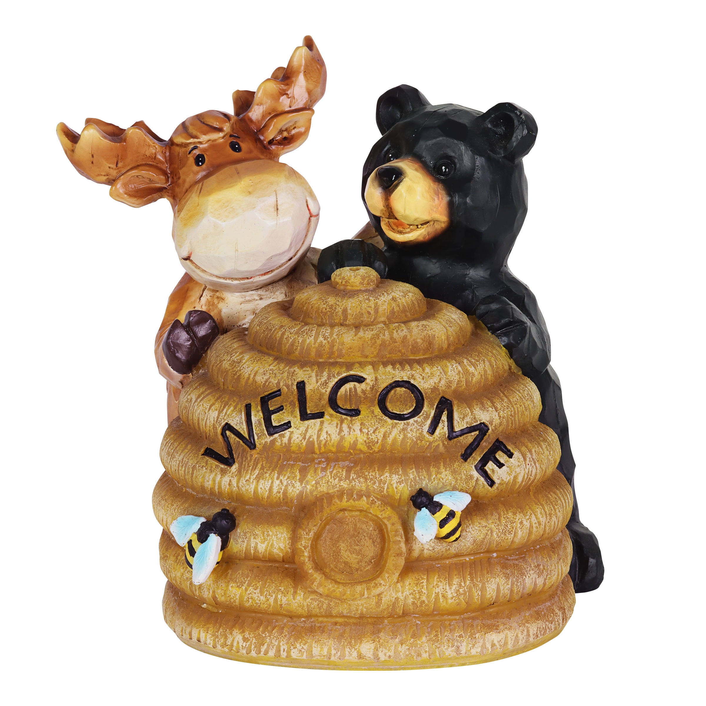 Exhart Solar Hand Painted Welcome Bee Hive Statuary with Bear and Moose,   by  inches, Resin, Multicolor 