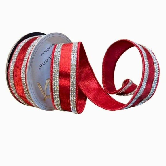 1.5" Metallic Dupion Jewel Stripe Ribbon: Red (5 Yards)