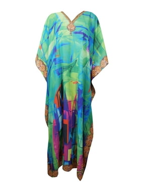Mogul Women Green Maxi Caftan Jewel Print V-Neck Beach Kimono Cover Up Long Dress One Size