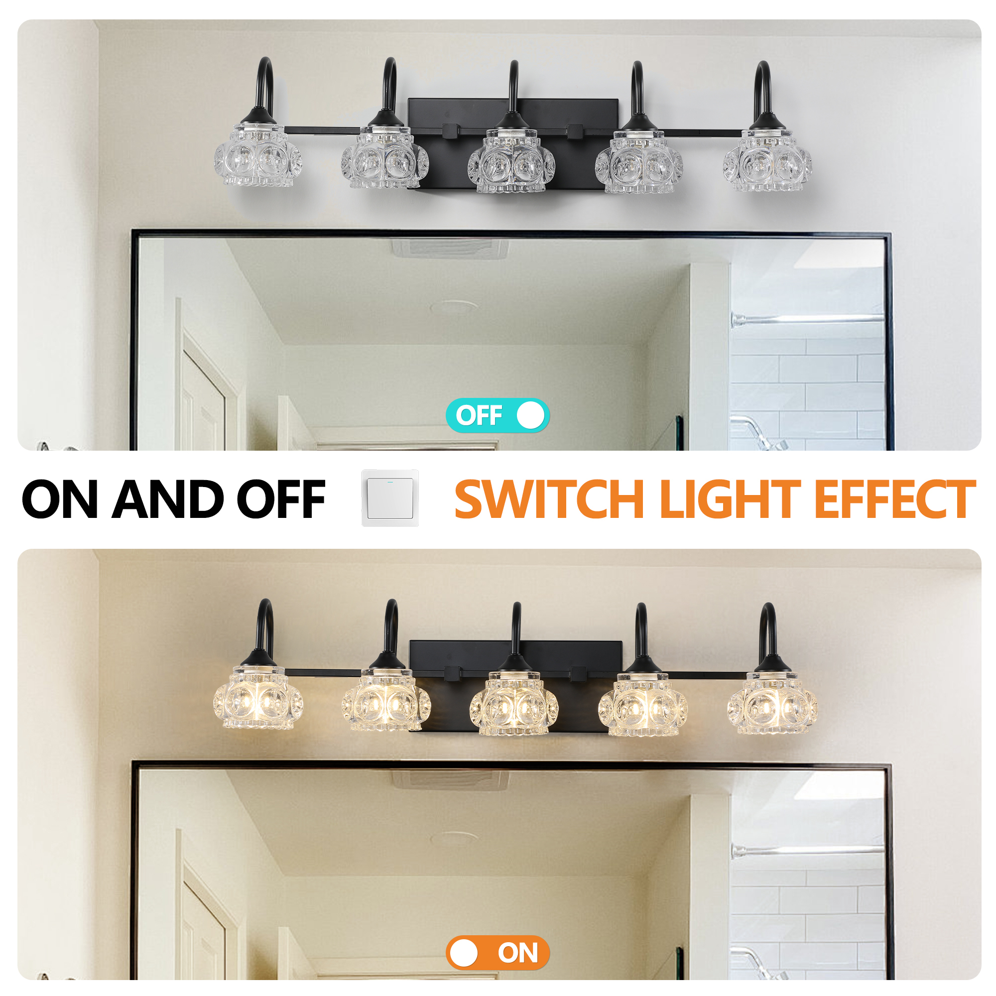 Jopath 29" Modern 5-Ligh Crystal Bathroom Vanity Light, Black Wall Sconce with Clear Glass Shade, Elegant Wall Mount Lighting for Bathroom, Powder Room, or Vanity Mirror (No Bulbs)
