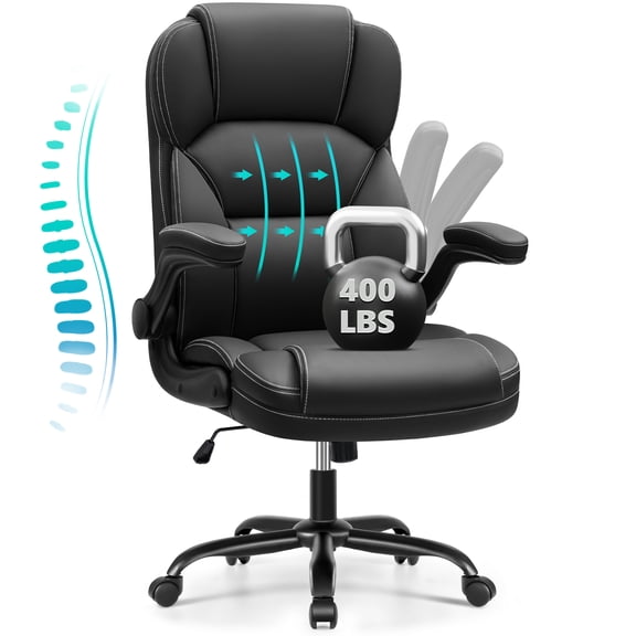 COOLHUT Bige and Tall Executive Office Chair 400lbs, Ergonomic PU Leather Computer Chair with Flip-Up Armrests, Comfy Heavy Duty Office Desk Chair for Home Office Gaming, Black