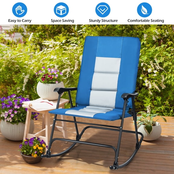 Amijoy Foldable Rocking Padded Chair Portable Camping Chair with Backrest Armrest Blue