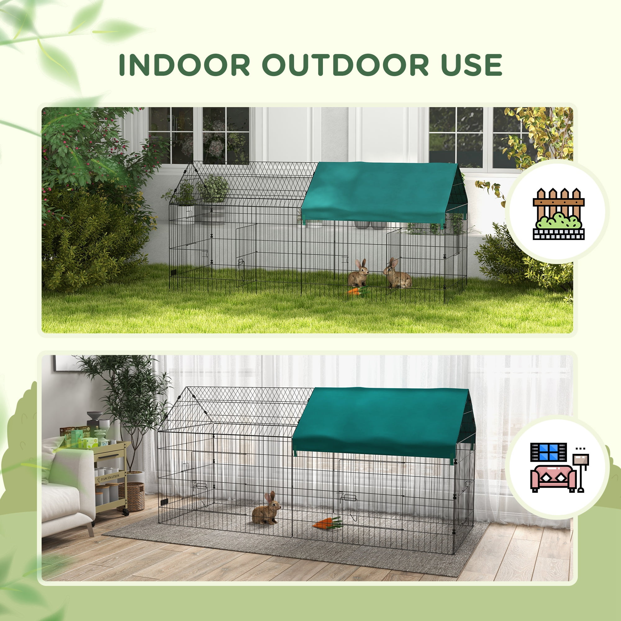 PawHut 87" Small Animal Playpen, Pet Playpen Yard Fence for Rabbits, Chicken, Chinchillas with Roof for Indoor Outdoor, Green