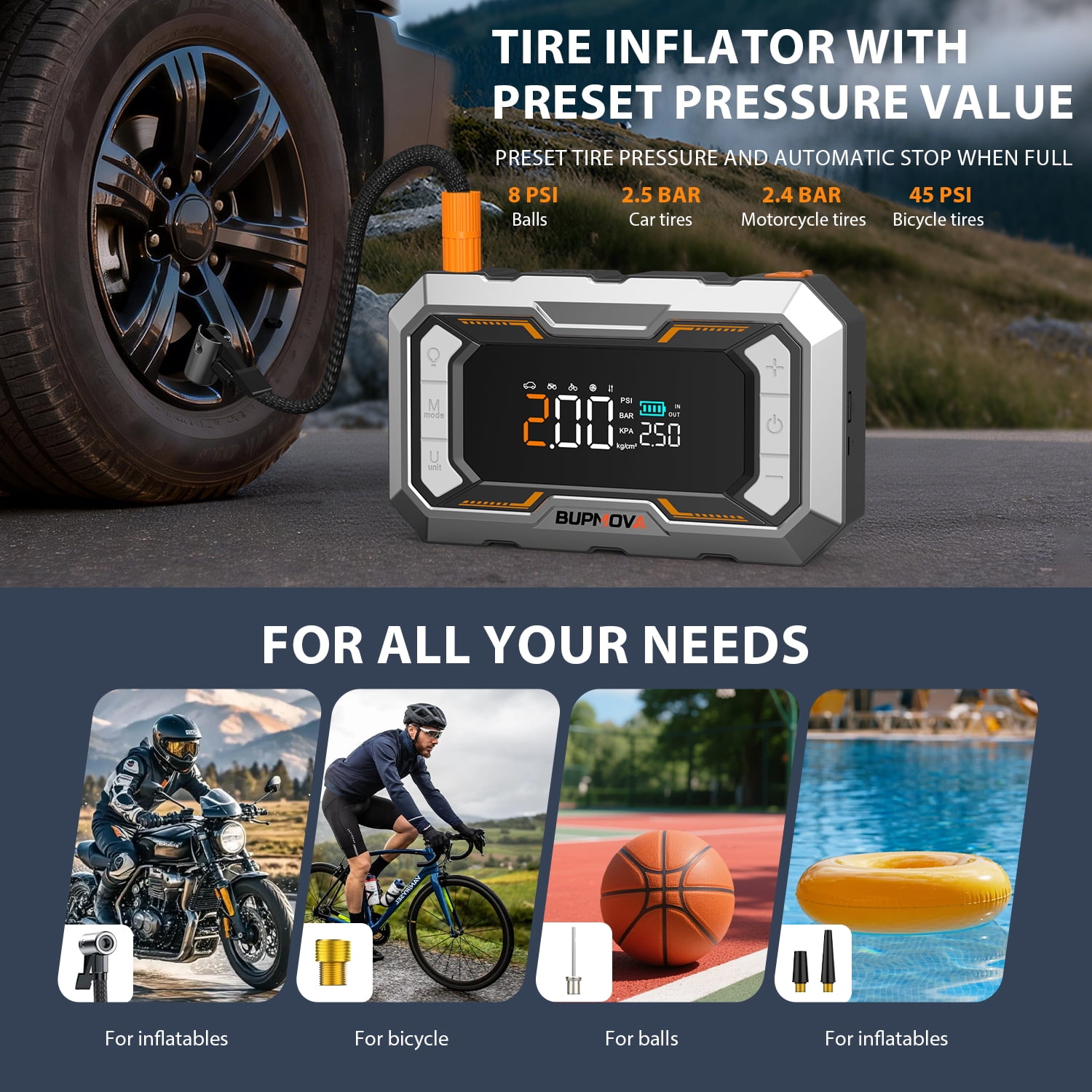 BUPMOVA 12-in-1 Jump Starter with Air Compressor, 15000A, 150 PSI, Portable Car Battery Jump Box, Jump pack Power Bank (All Gas/10.0 L Diesel) with Jumper Cables, LED Light & LCD Display, Force Start