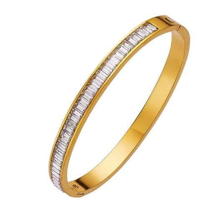 Bonjour Jewelers Yellow Gold Hinged Woman 4CT Created White Sapphire Bangle Bracelet Plated