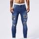 thumbnail image 5 of Pantalones vaqueros ajustados de pierna corta para hombre, estilo casual, con parche perforado y bolsillo con cierre, color liso, elásticos y ajustados., 5 of 9
