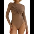 thumbnail image 2 of Body para Mujer, Escote en V Profundo, Nudo Torcido, Ajustado, Larga, Camisetas Básicas Informales Caqui L, 2 of 8