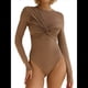 thumbnail image 2 of Body para Mujer, Escote en V Profundo, Nudo Torcido, Ajustado, Larga, Camisetas Básicas Informales Caqui S, 2 of 8