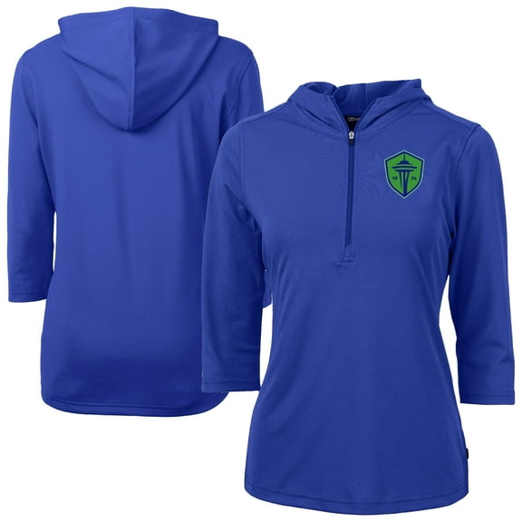 Women's-Cutter & Buck Blue Seattle Sounders FC Virtue Eco Pique Recycled Half-Zip Pullover Hoodie