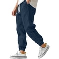 thumbnail image 2 of Men's Cotton Linen Jogger Pants Elastic Drawstring Waist Cuffed Ankle Relaxed Fit Lightweight Breathable Beach Lounge Sweatpants Navy 2XL, 2 of 5