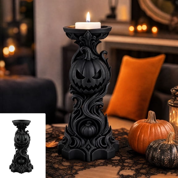MInHoues Halloween Pumpkin Candle Holder, Gothic Resin Tea Light Stand Spooky Pillar Candle Centerpiece, Samhain Tabletop Decor for Home Mantel, Black, 7.09x3.94 inch