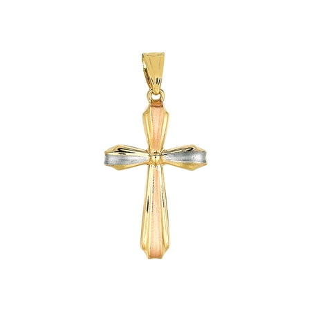 14K Yellow, Rose & White Gold Shiny Textured Fancy Cross Pendant by