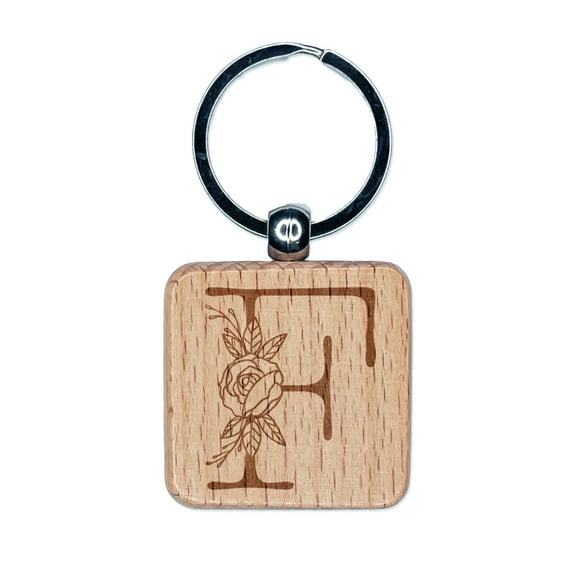 Rose Typewriter Font Capital Letter F Square Keychain Charm Tag - Engraved Wood