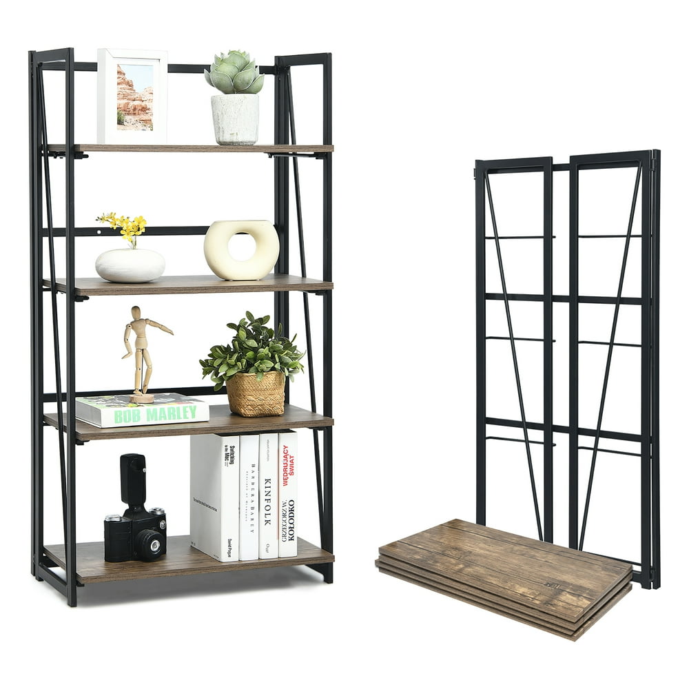 Costway 4Tier Folding Bookshelf NoAssembly Industrial Bookcase